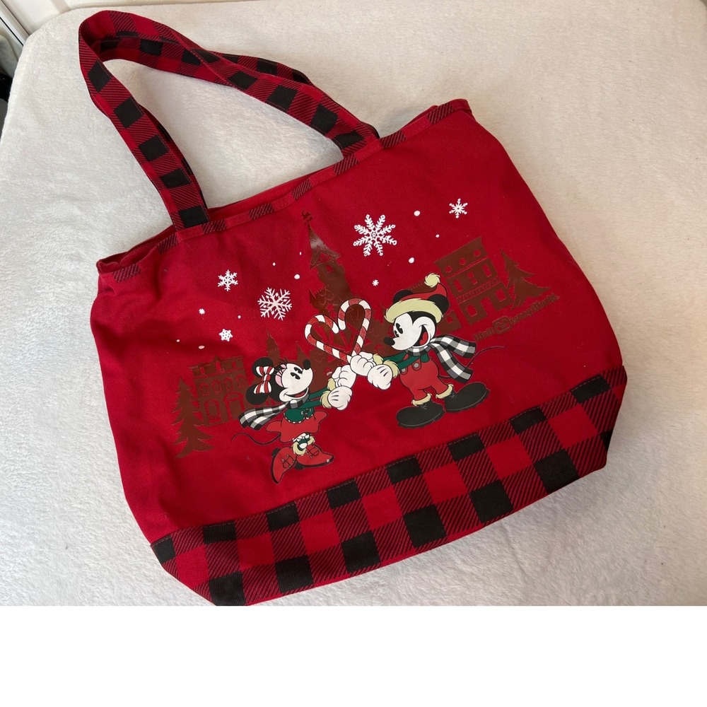 Walt Disney World Mickey Minnie Christmas Tote Bag Red Buffalo Plaid Canvas